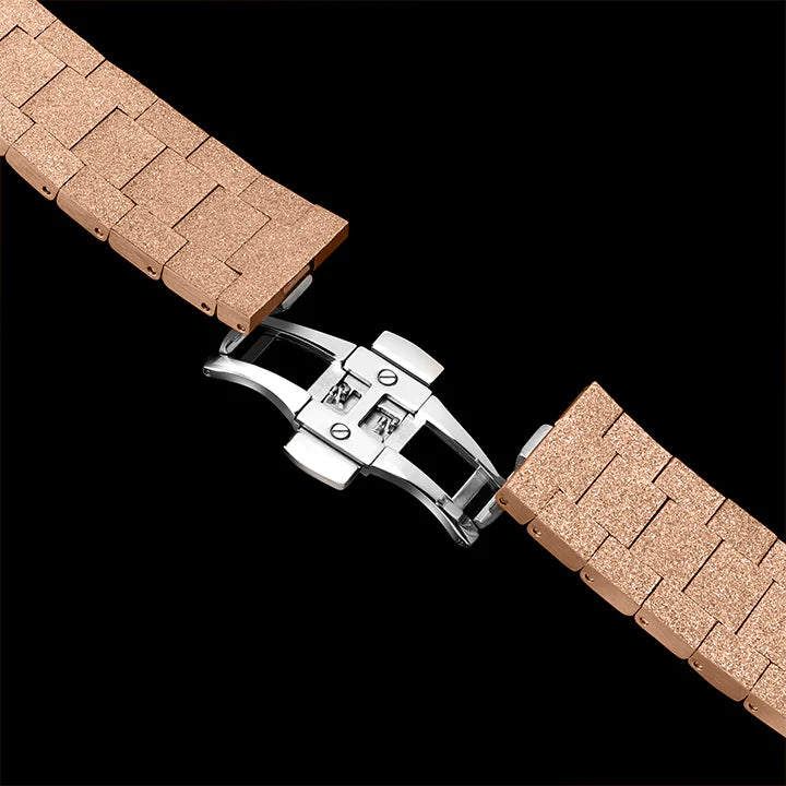 BRACELET DE MONTRE EN ACIER GIVRÉ OR ROSE